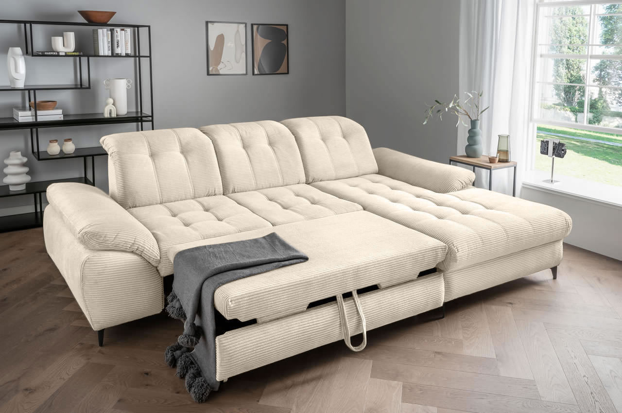 benformato delphino ecksofa variante rechts cord 4808 beige milieubild schlaffunktion