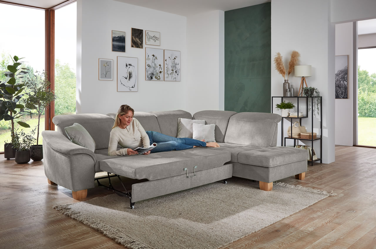 la23145 la16029 ecksofa inessa rechts stoff cyber farbe grau milieubild mit schlaffunktion