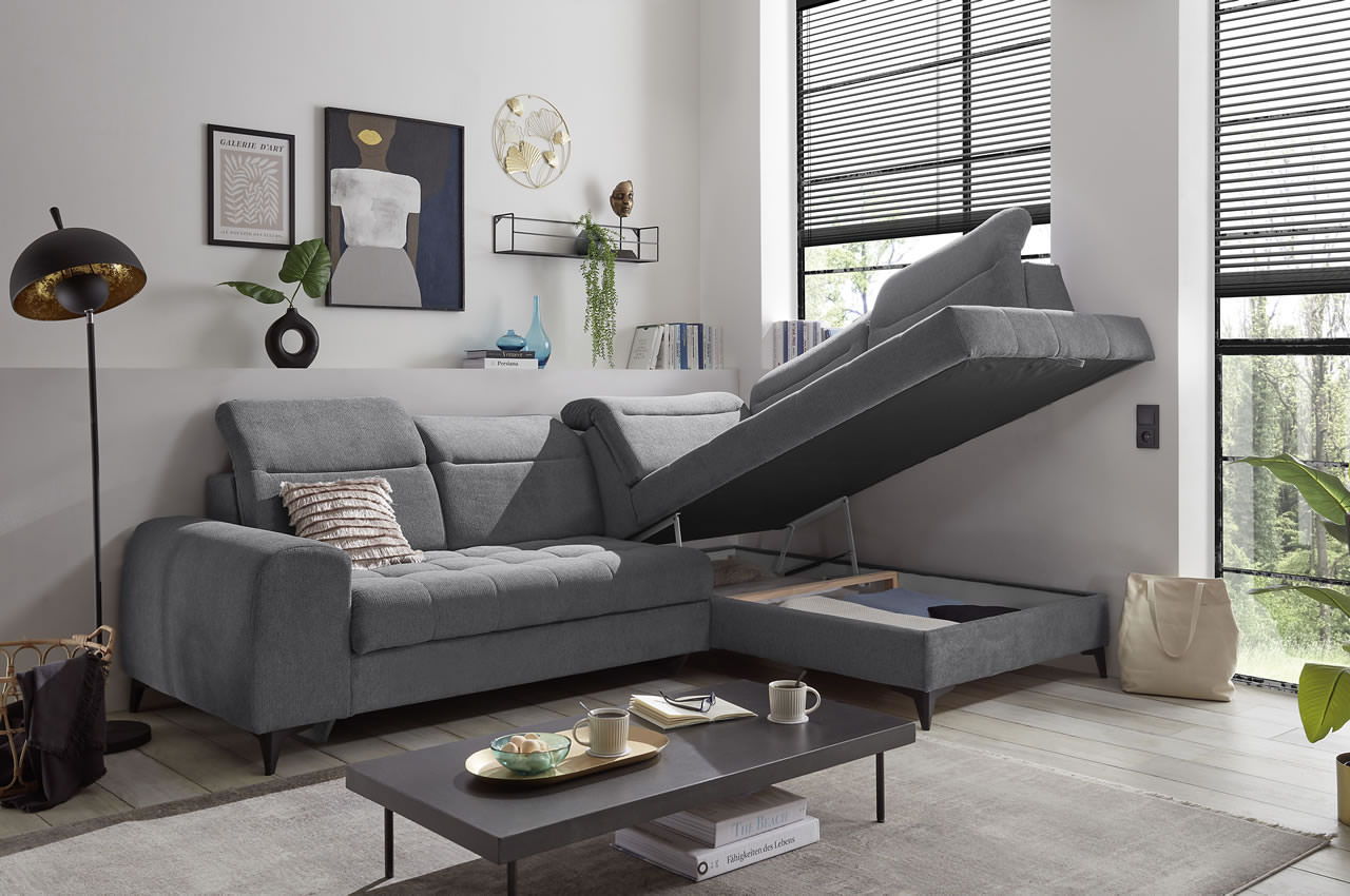 rockdale ecksofa mit ottomane rechts von ed lifestyle stoff glow farbe 19 anthrazit milieubild mit bettkasten
