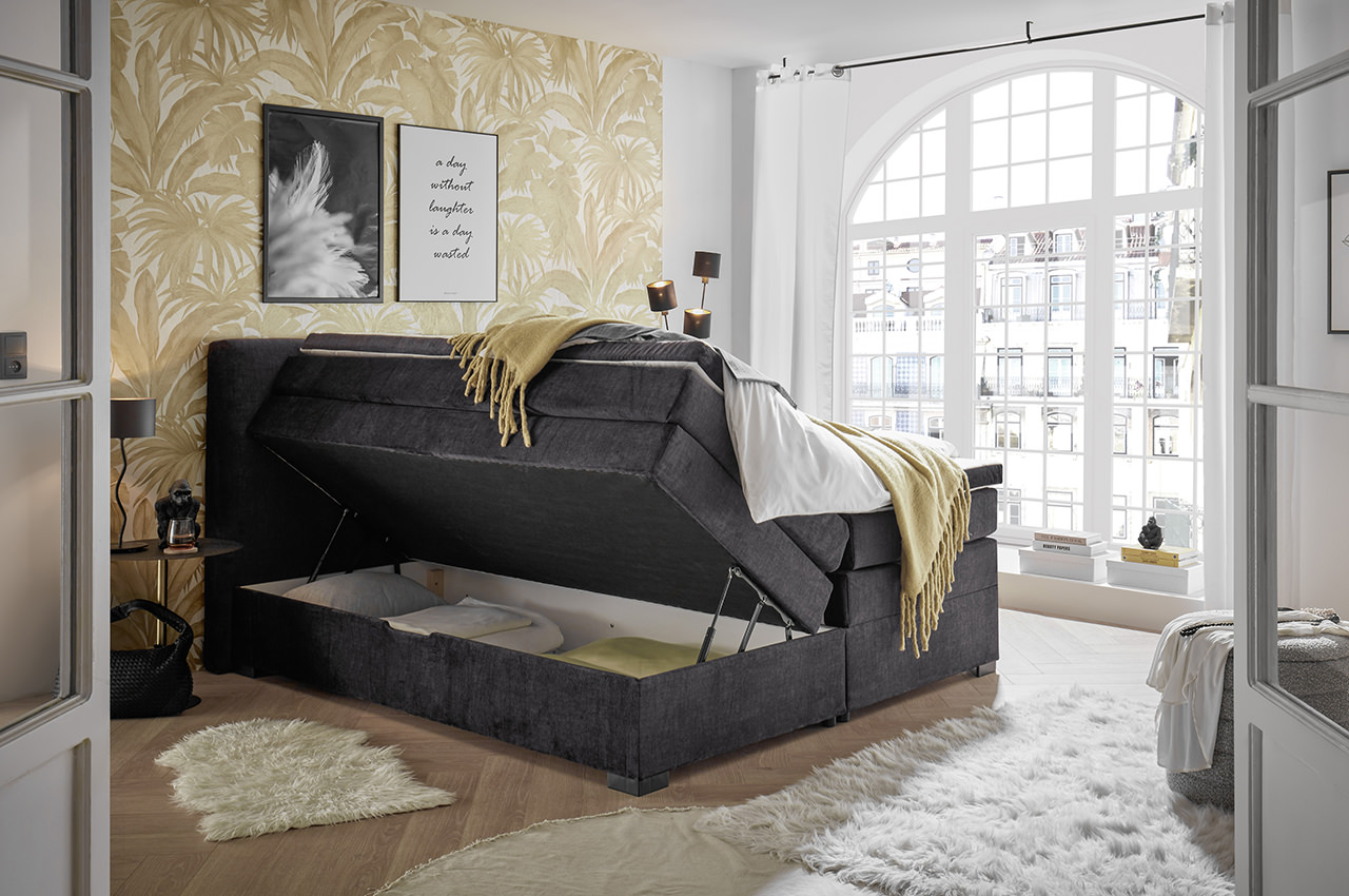 fanes boxspringbett stoff vogue 17 charcoal milieubild mit bettkasten fanes boxspringbett stoff vogue 17 charcoal milieubild mit bettkasten