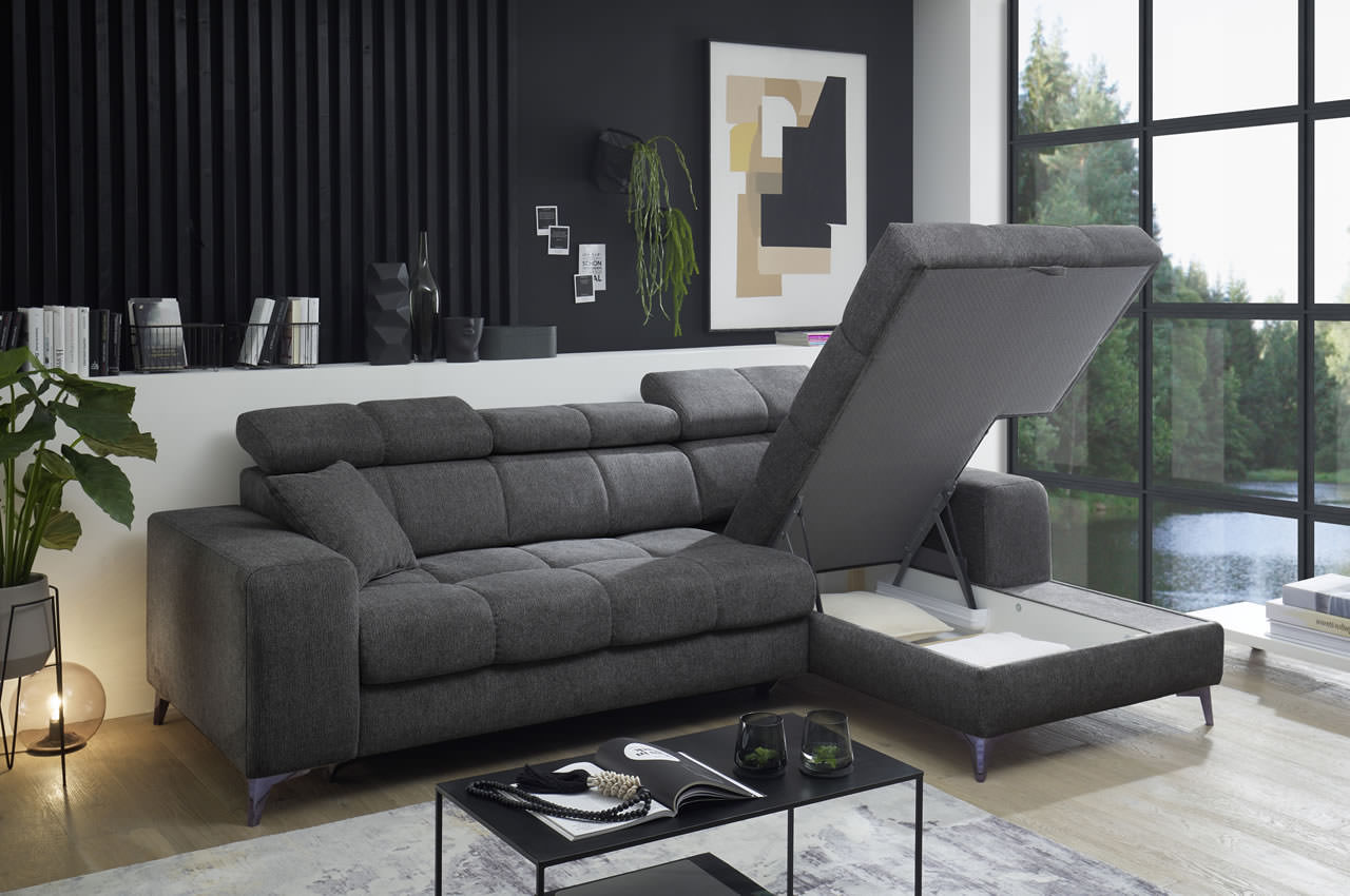 Ecksofa Sydney 2 rechts Glow 19 Anthrazit Bettkasten Milieu
