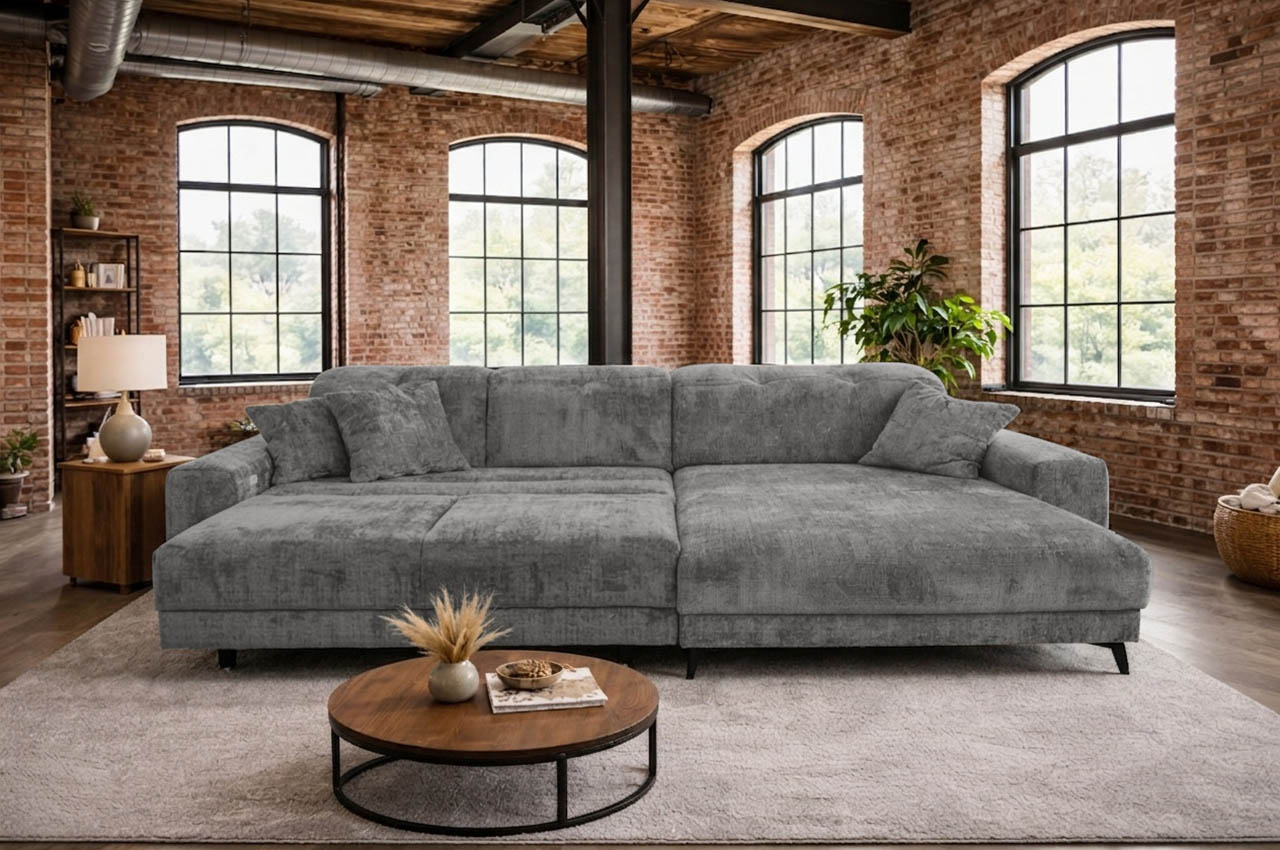 ecksofa bilo rechts stoff cremona 93 grau milieubild mit xxl sitztiefenverstellung ecksofa bilo rechts stoff cremona 93 grau milieubild mit xxl sitztiefenverstellung