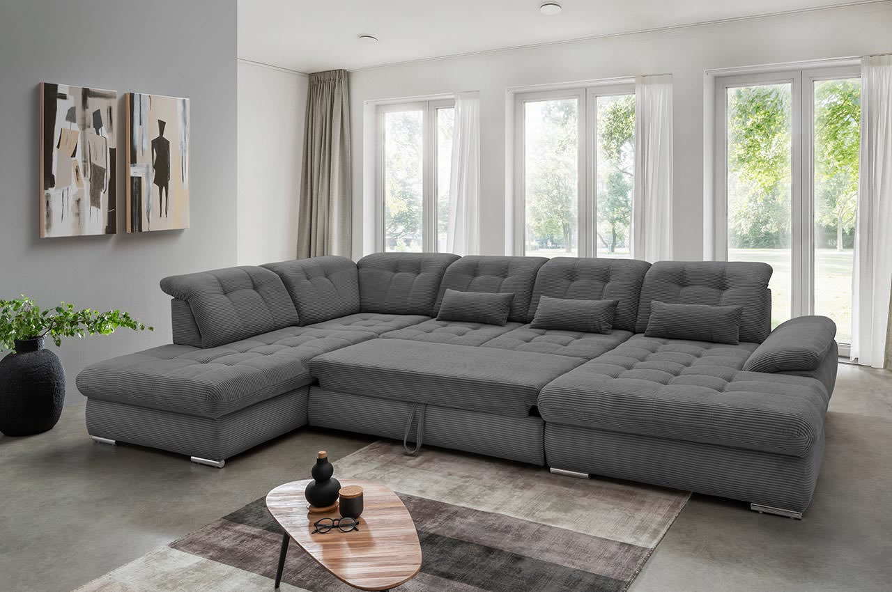 rigatti benformato wohnlandschaft links cordstoff 4801 anthrazit milieubild mit schlaffunktion
