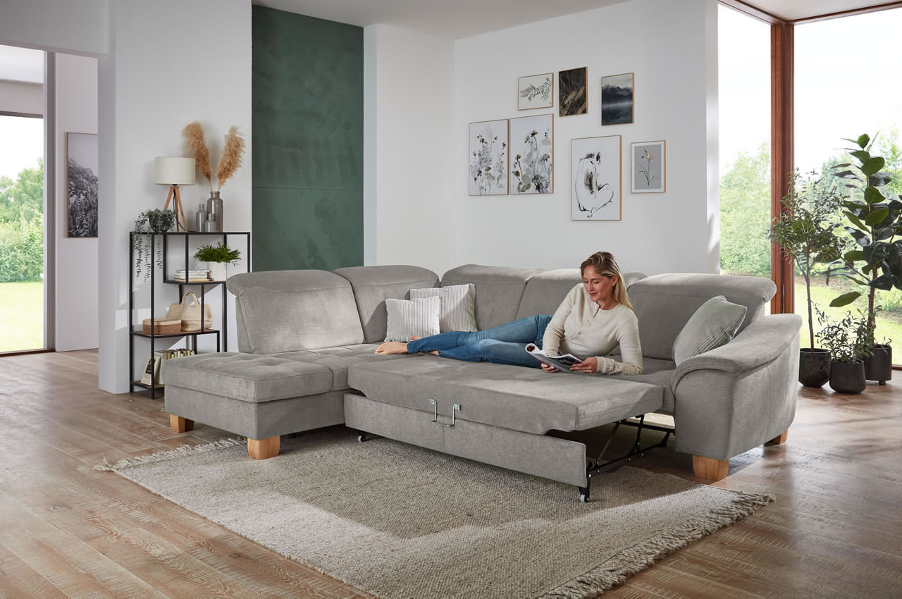 la23145 la16029 ecksofa inessa links stoff cyber farbe grau milieubild mit schlaffunktion