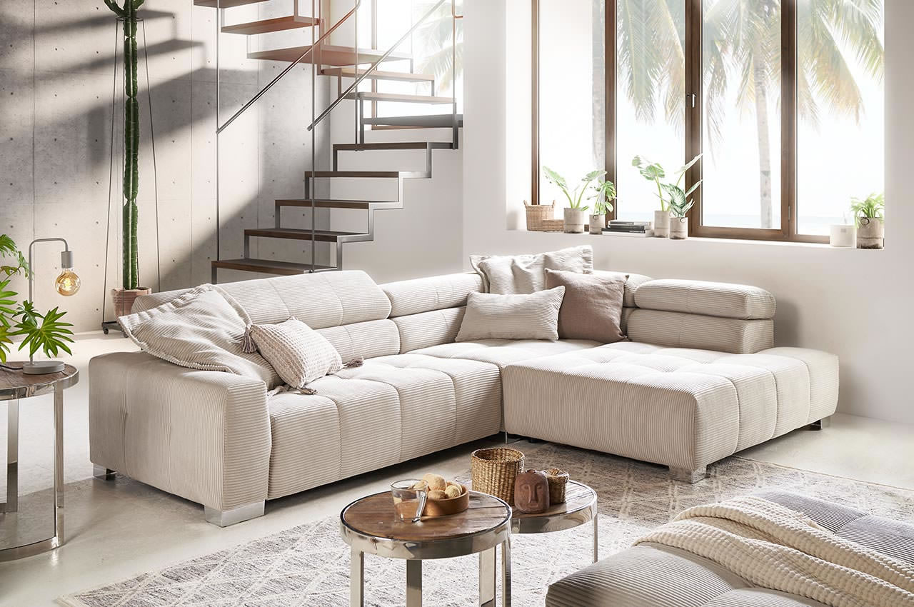 Ecksofa Denver mit ottomane rechts in Cord hellgrau ambiente Ecksofa Denver mit ottomane rechts in Cord hellgrau ambiente