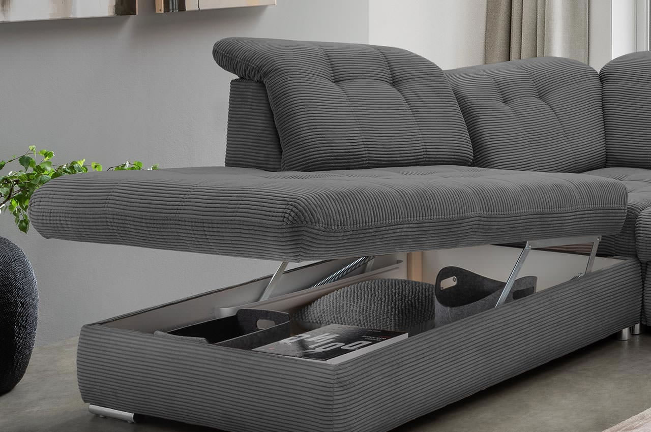 rigatti benformato wohnlandschaft links cordstoff 4801 anthrazit detailbild bettkasten