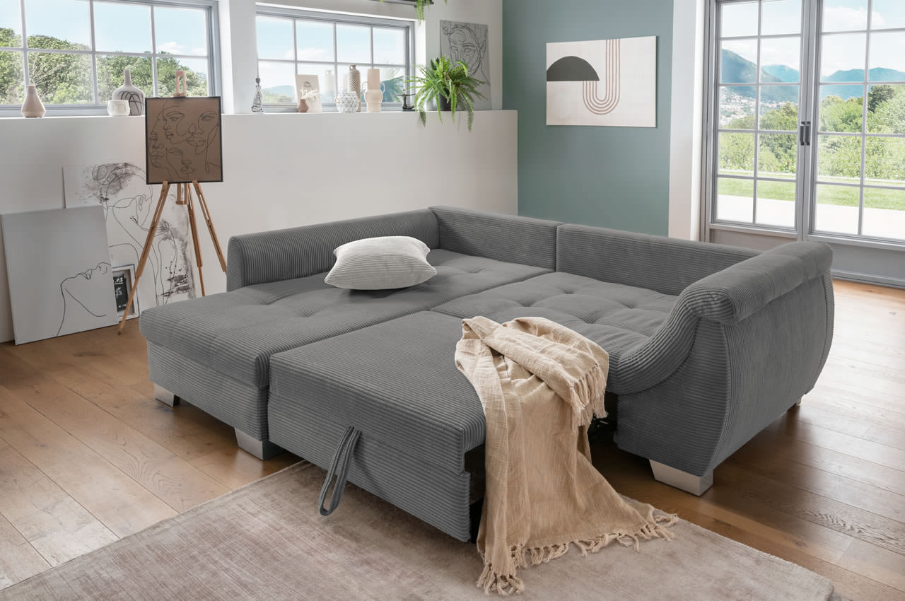 flora ecksofa links 4801 cord grau zierkissen 4802 cord silber schlaffunktion ambiente