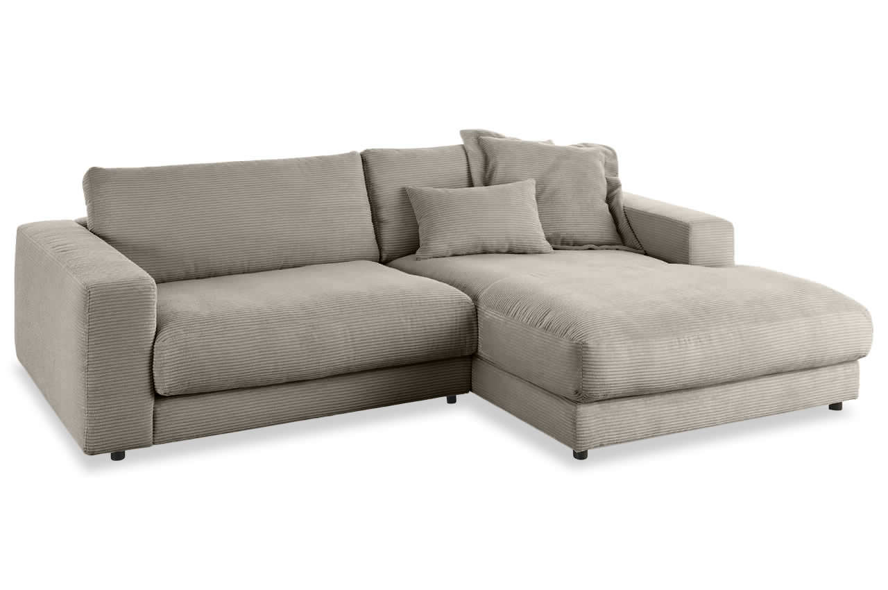 candy high end ecksofa mit longchair rechts cord taupe mit kissen