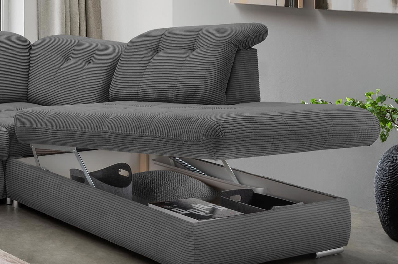 rigatti benformato wohnlandschaft rechts cordstoff 4801 anthrazit detailbild bettkasten
