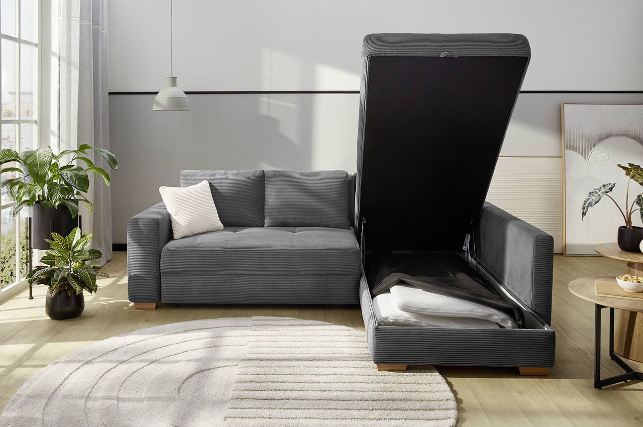 sunset ecksofa variante rechts cord 426 09 grau milieubild mit bettkasten