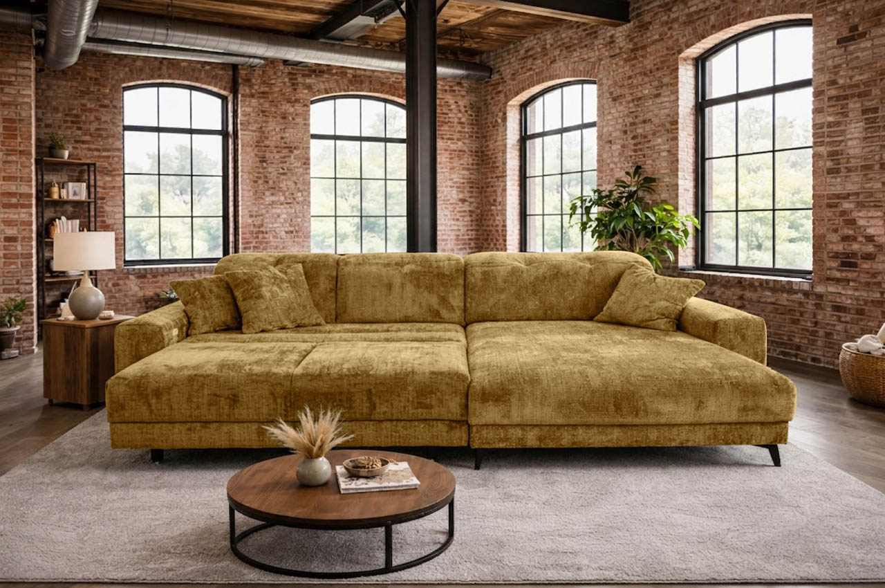 ecksofa bilo rechts stoff cremona 48 curry milieubild mit xxl sitztiefenverstellung ecksofa bilo rechts stoff cremona 48 curry milieubild mit xxl sitztiefenverstellung