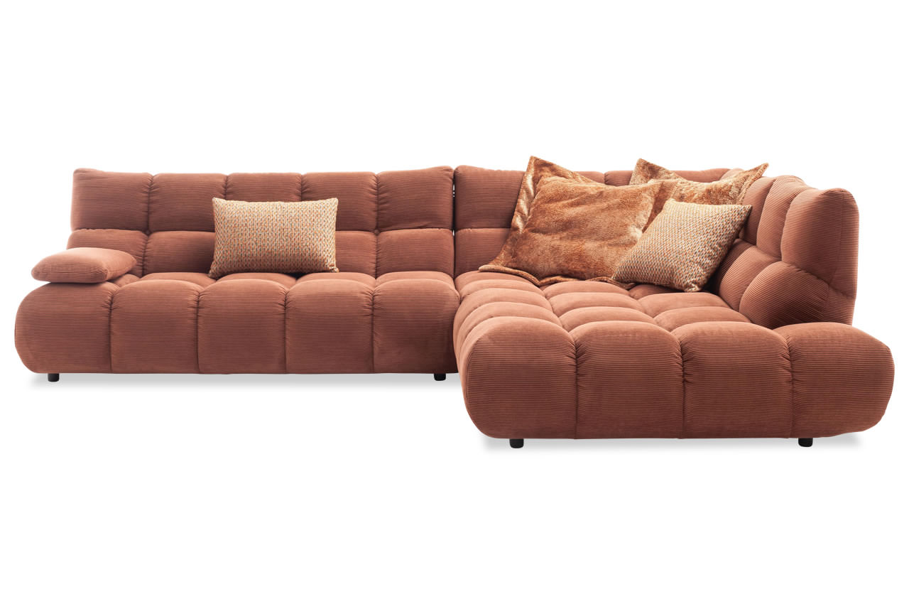 graceland candy ecksofa rechts feincord rusty frontansicht mit dekokissen