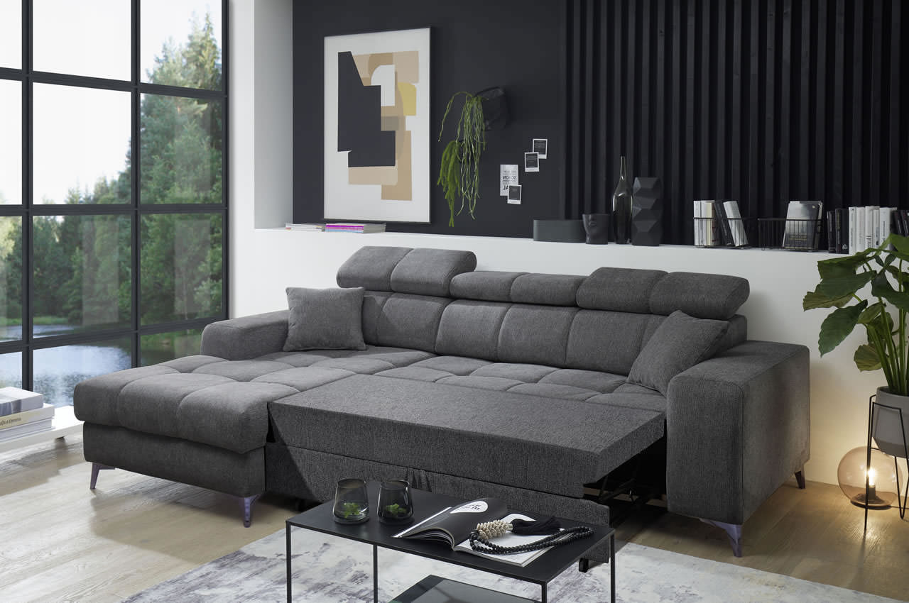 Ecksofa Sydney 2 links Glow 19 Anthrazit Schlaffunktion Milieu