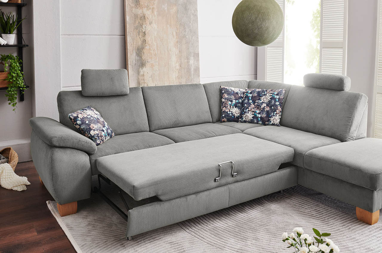 pp la24122 ecksofa rechts feincord grau milieubild mit schlaffunktion pp la24122 ecksofa rechts feincord grau milieubild mit schlaffunktion