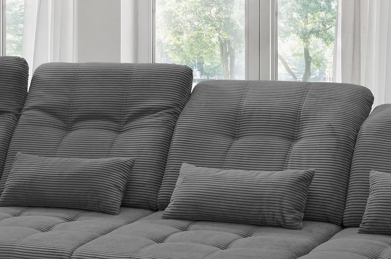 rigatti benformato wohnlandschaft links cordstoff 4801 anthrazit detailbild bettkasten nierenkissen