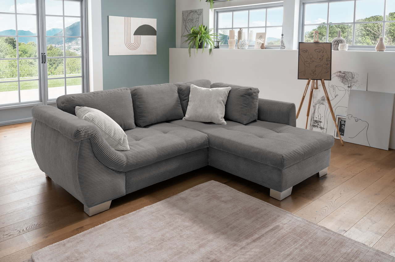 flora ecksofa rechts 4801 cord grau zierkissen 4802 cord silber ambiente