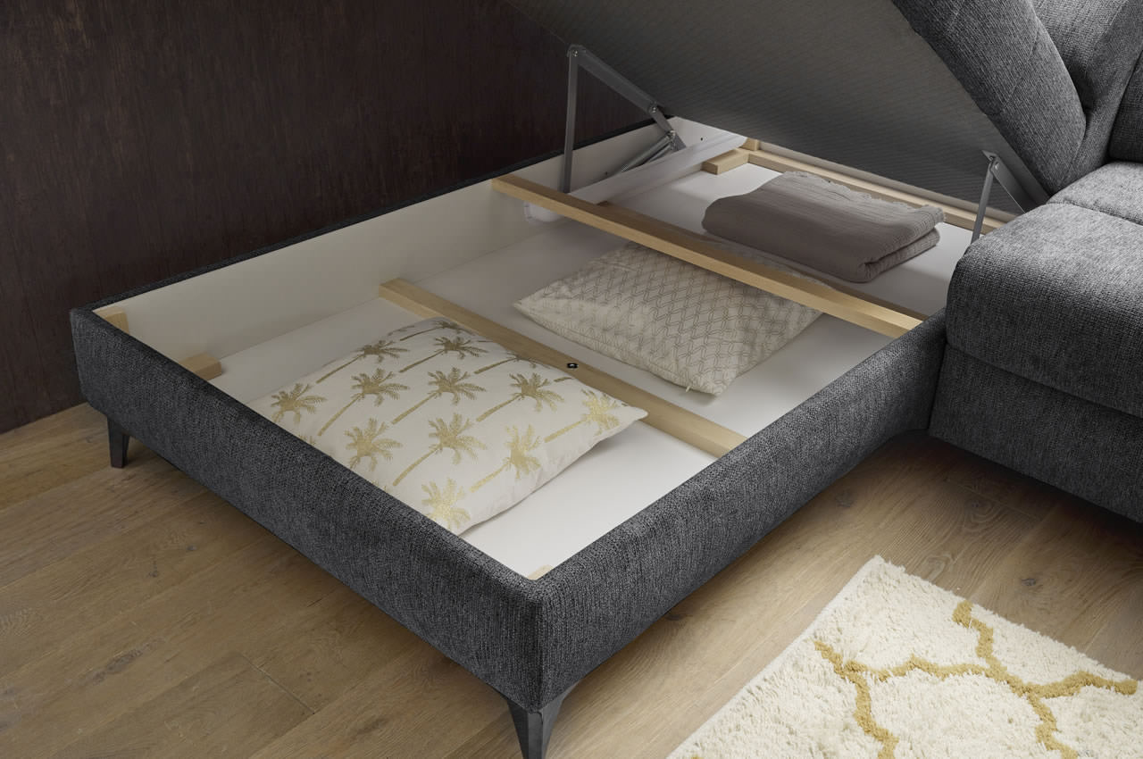 Ecksofa Sydney 2 Ottomane links Glow 19 Anthrazit Bettkasten Detail