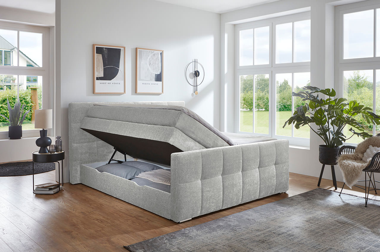 ratio boxspringbett 180x200 stoff loris 80 silber milieubild mit bettkasten