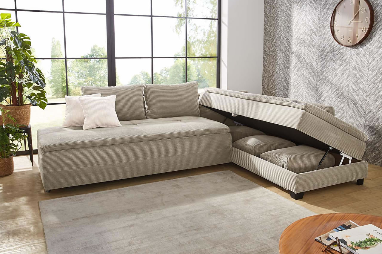 madrid ecksofa rechts modena cord 426 17 greige ambiente bettkasten